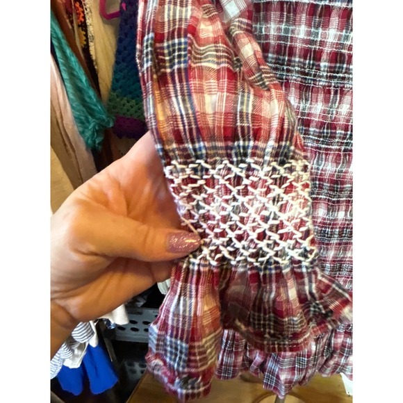 Pilcro Anthropologie Plaid Smocked Mini Dress Red Blue Off Shoulder Sz S Prarie - Picture 5 of 10
